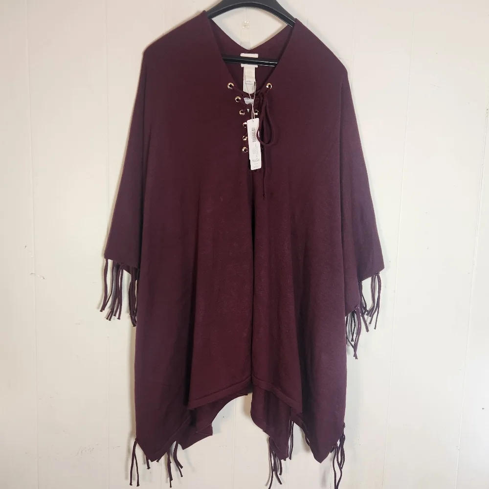 Chicos Monrovia Lace-up Fringe Poncho Shrug One Size Maroon Burgundy - Picture 1 of 14